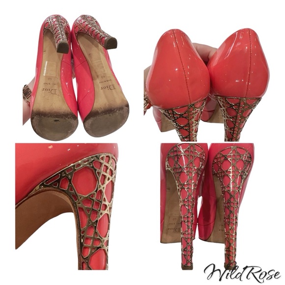 CHRISTIAN DIOR Pink Patent Leather Cannage Gold Metal Guilded Heel Platform Pump - Picture 16 of 17